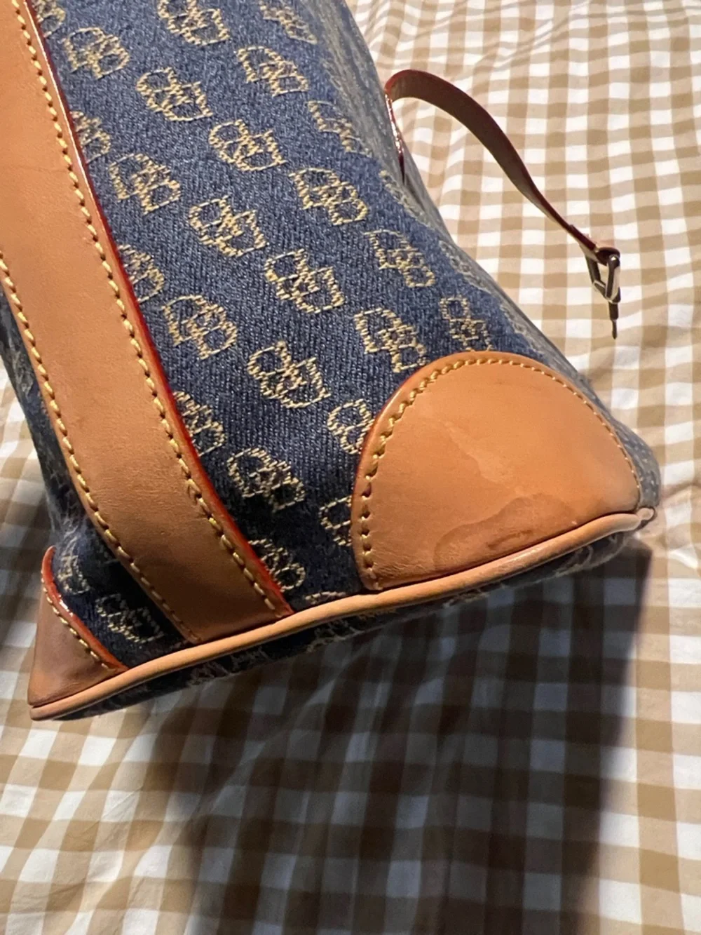 Dooney & Bourke Navy and Tan Signature DB Hobo Shoulder Bag